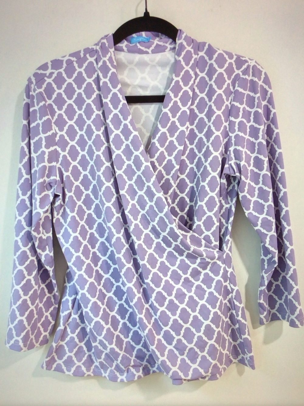 J. McLaughlin Lavender and White Geometric Wrap Blouse